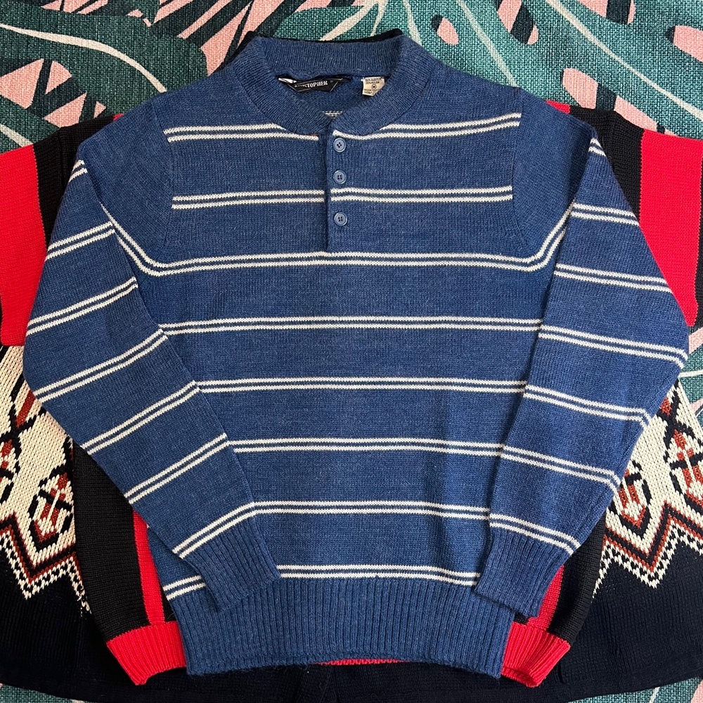 Vintage Christopher Rand Striped 3 Button Henley Knit Sweater